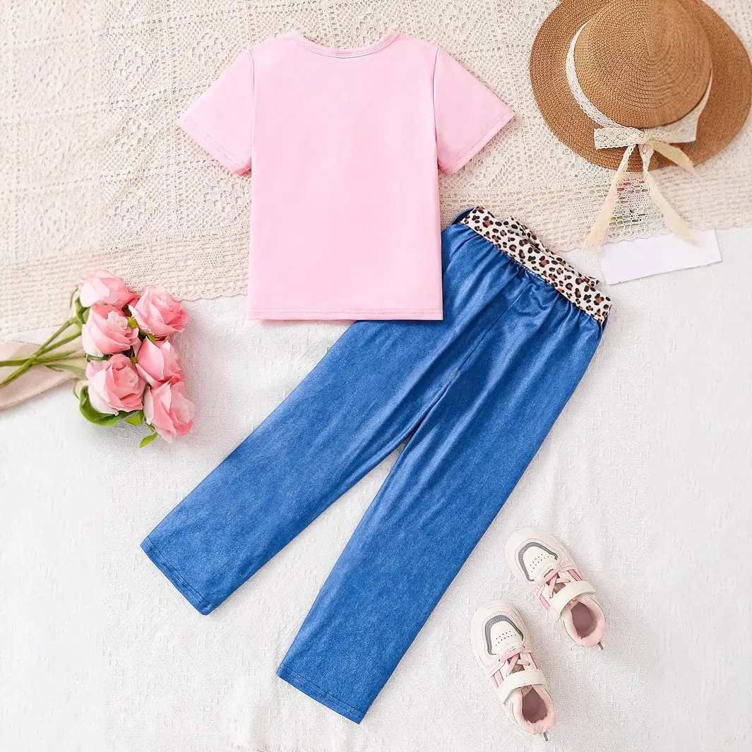 Girls Faux Denim Leopard Pants Set Pink T-Shirt Belt