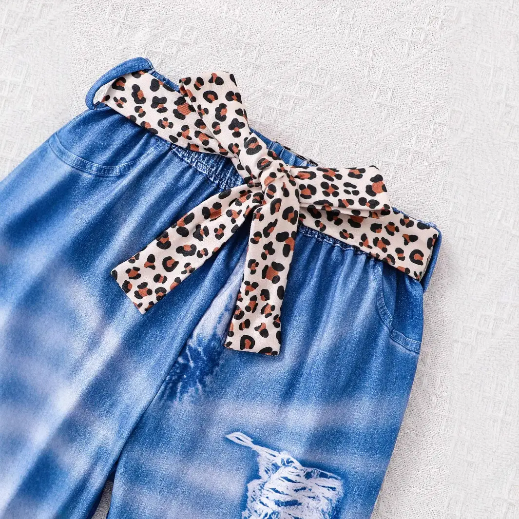Girls Faux Denim Leopard Pants Set Pink T-Shirt Belt