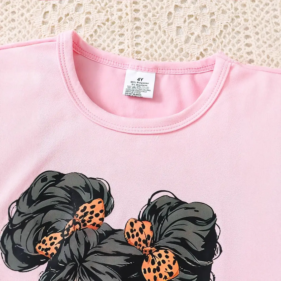 Girls Faux Denim Leopard Pants Set Pink T-Shirt Belt