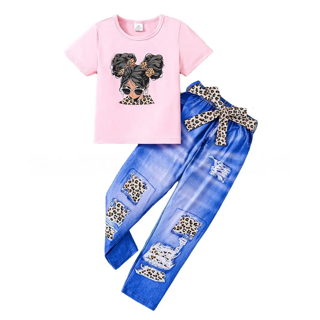 Girls Faux Denim Leopard Pants Set Pink T-Shirt Belt