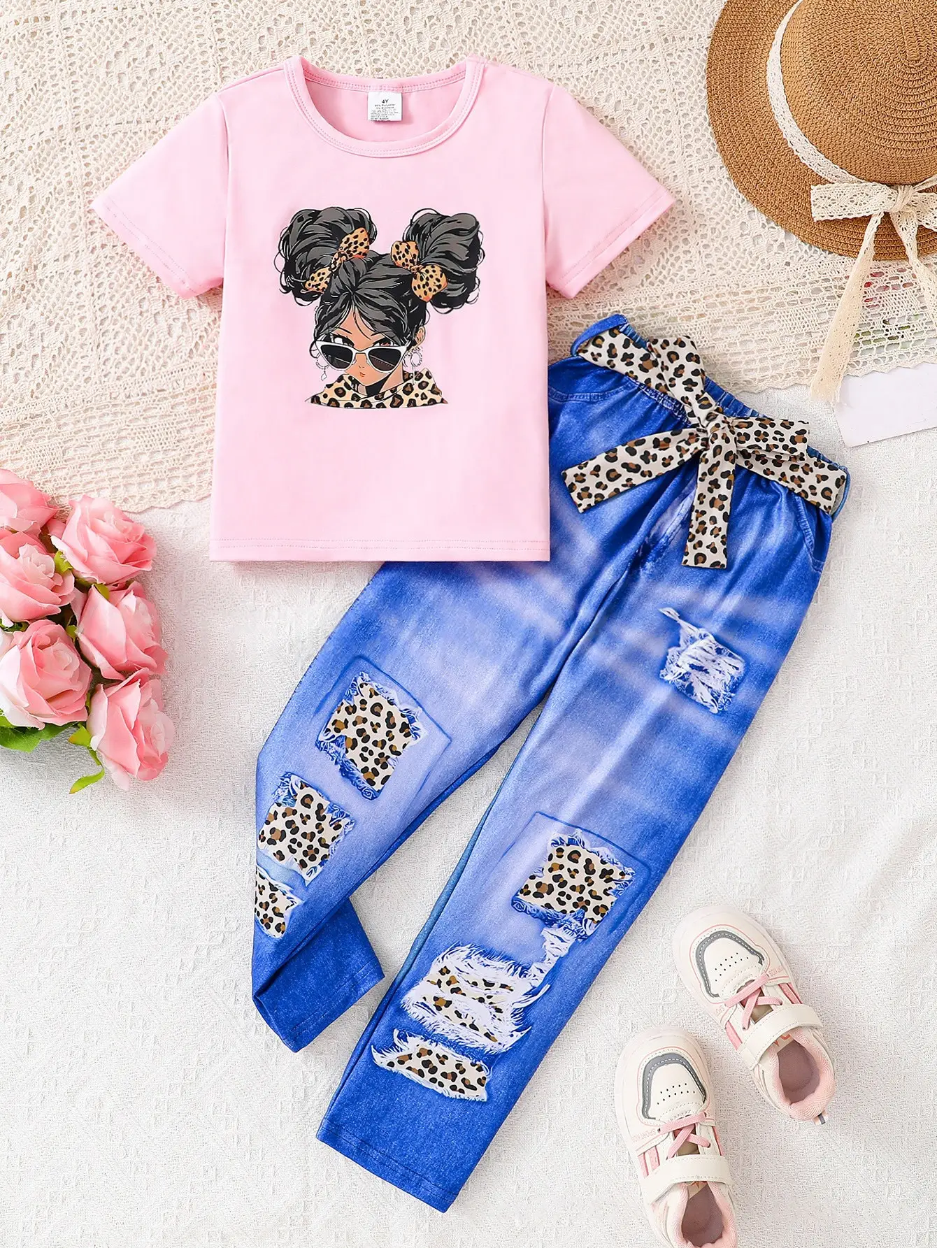 Girls Faux Denim Leopard Pants Set Pink T-Shirt Belt — feature 2