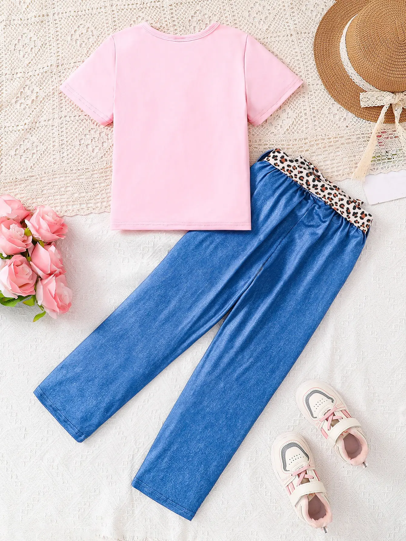 Girls Faux Denim Leopard Pants Set Pink T-Shirt Belt — feature 3