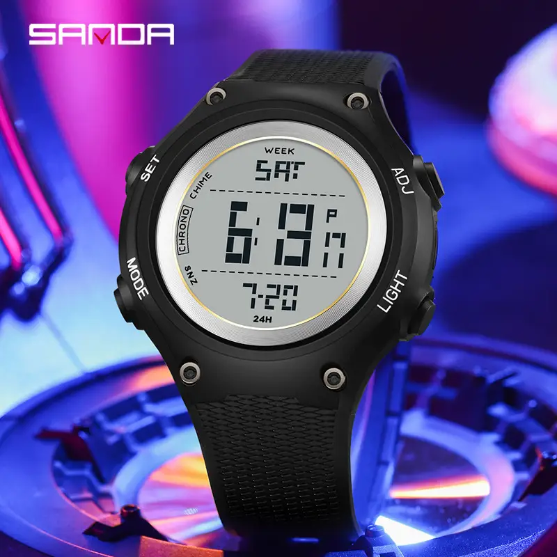 SANDA Men's Black Digital Watch with Green Display - Image 6