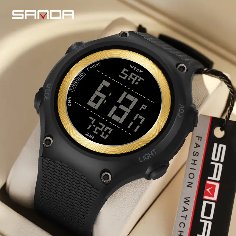 SANDA Men's Black Digital Watch with Green Display - Image 7