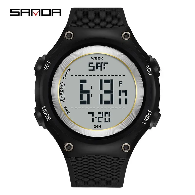 SANDA Men's Black Digital Watch with Green Display - Image 2