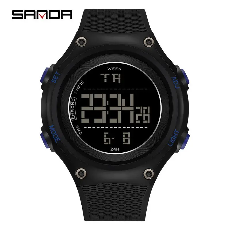 SANDA Men's Black Digital Watch with Green Display - Image 4