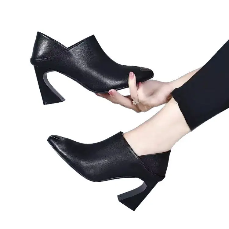 2025 New Spring and Summer Soft Leather Single-layer Shoes Women's Thick Heel Pointed Thick Heel High Heel Middle Heel Soft Leather Shoes Deep Mouth Women's Shoes - Image 7