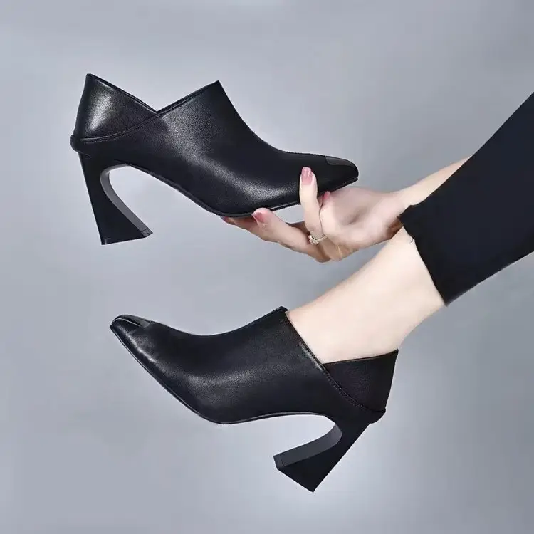 2025 New Spring and Summer Soft Leather Single-layer Shoes Women's Thick Heel Pointed Thick Heel High Heel Middle Heel Soft Leather Shoes Deep Mouth Women's Shoes — feature 1