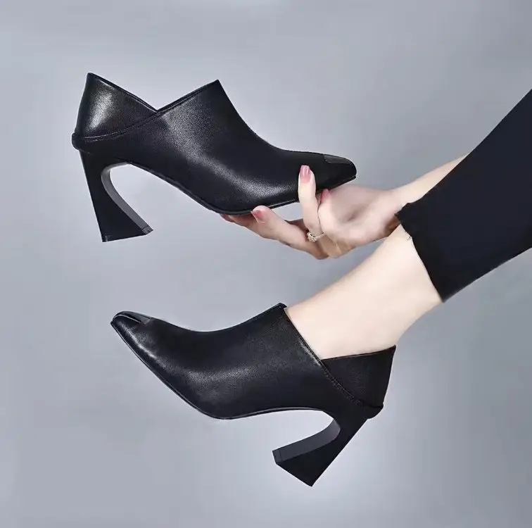 2025 New Spring and Summer Soft Leather Single-layer Shoes Women's Thick Heel Pointed Thick Heel High Heel Middle Heel Soft Leather Shoes Deep Mouth Women's Shoes — feature 5