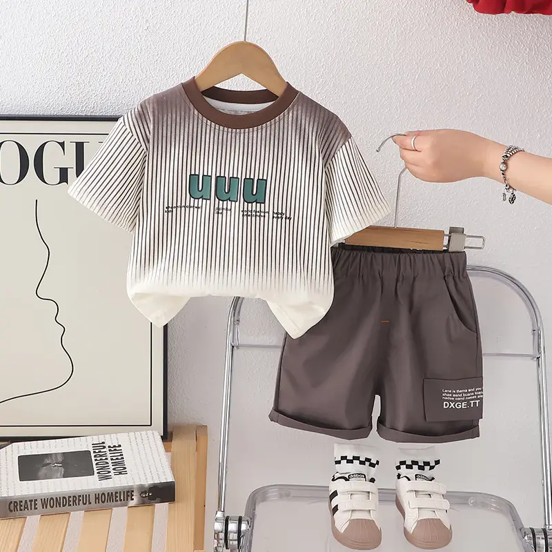2025 Boys Brown UUU Print T-Shirt Shorts Set - Image 3