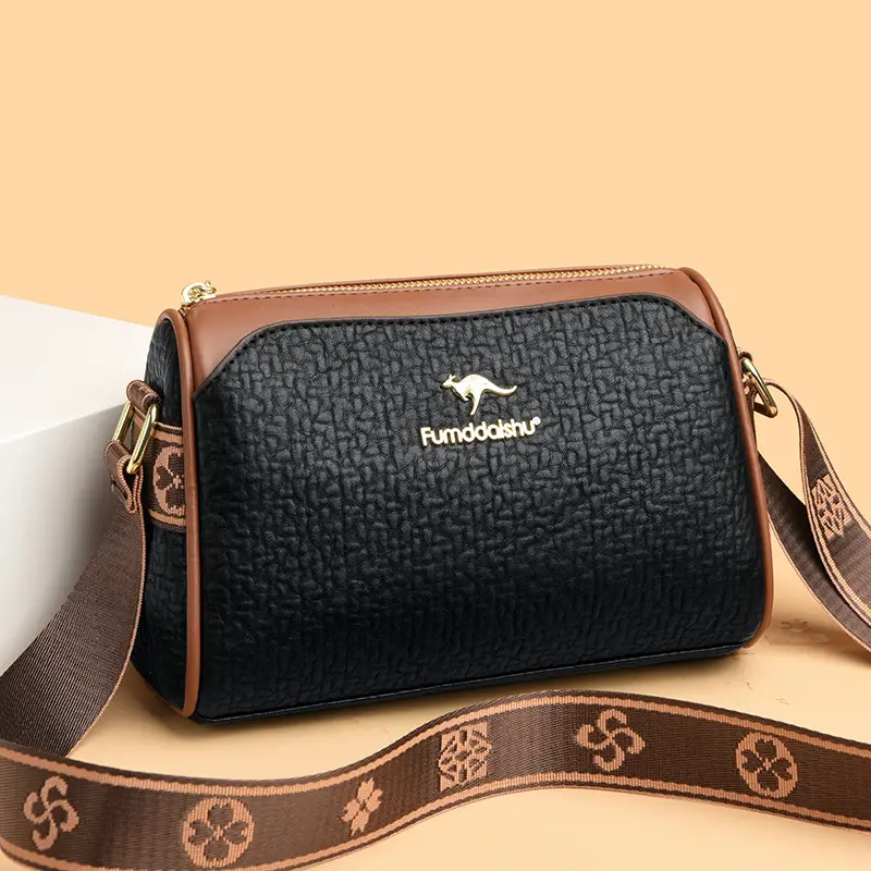 Women's Black Textured Shoulder Bag with Brown Trim - Image 4