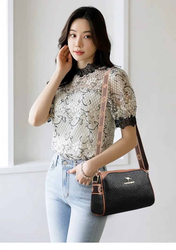 Women's Black Textured Shoulder Bag with Brown Trim — feature 12