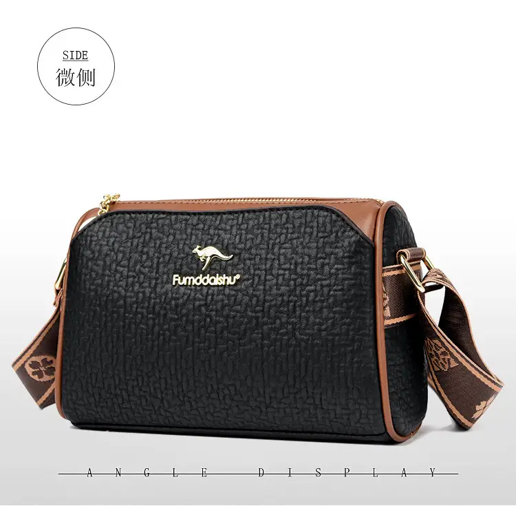 Women's Black Textured Shoulder Bag with Brown Trim — feature 17