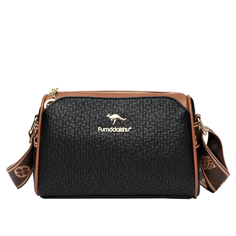 Women's Black Textured Shoulder Bag with Brown Trim — feature 24