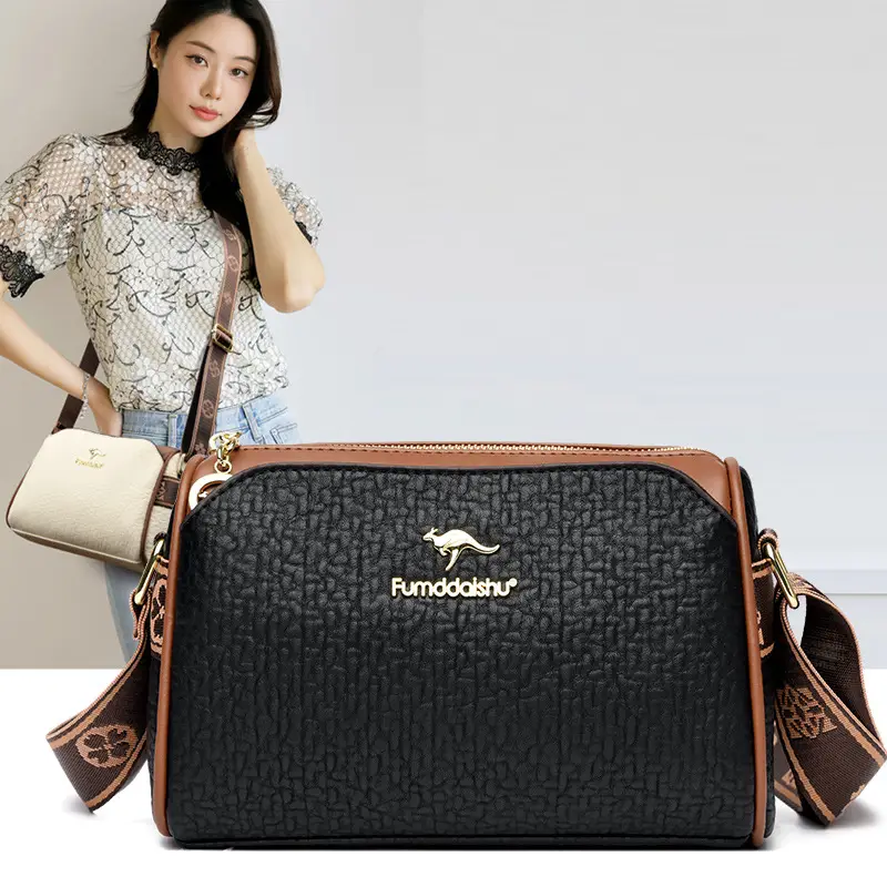 Women's Black Textured Shoulder Bag with Brown Trim — feature 25