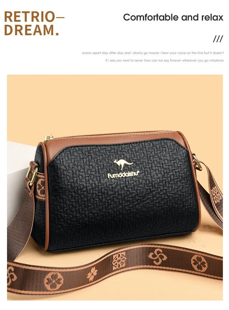 Women's Black Textured Shoulder Bag with Brown Trim — feature 6