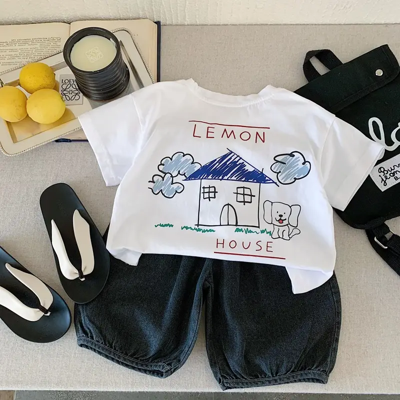 Boys White Lemon Print Half Sleeve T-Shirt Set — feature 3