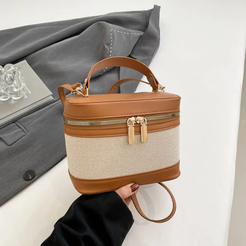 2025 New South Korea High-value Cylinder Bucket Bag Stitching Contrast Color Crossbody Bag Women's ins All-match Shoulder Bag luggage and leather goods