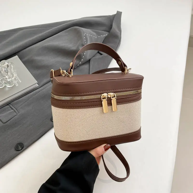 2025 New South Korea High-value Cylinder Bucket Bag Stitching Contrast Color Crossbody Bag Women's ins All-match Shoulder Bag luggage and leather goods