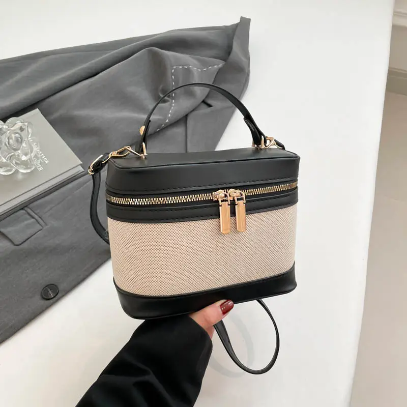 2025 New South Korea High-value Cylinder Bucket Bag Stitching Contrast Color Crossbody Bag Women's ins All-match Shoulder Bag luggage and leather goods