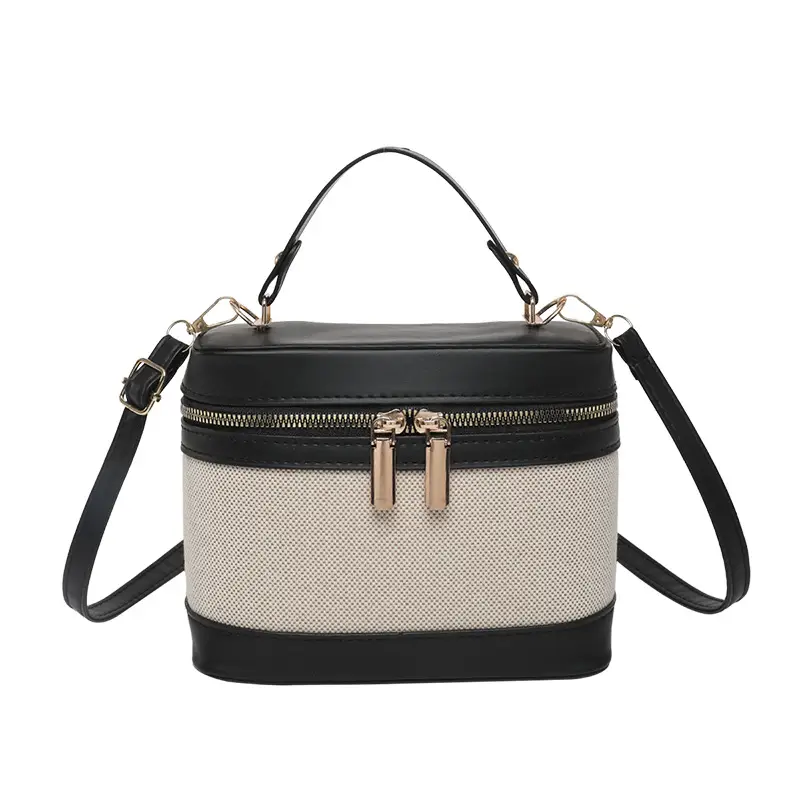 2025 New South Korea High-value Cylinder Bucket Bag Stitching Contrast Color Crossbody Bag Women's ins All-match Shoulder Bag luggage and leather goods