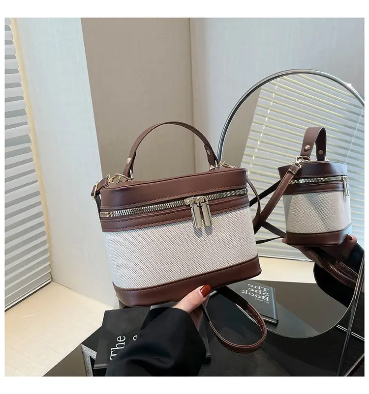 2025 New South Korea High-value Cylinder Bucket Bag Stitching Contrast Color Crossbody Bag Women's ins All-match Shoulder Bag luggage and leather goods — feature 33