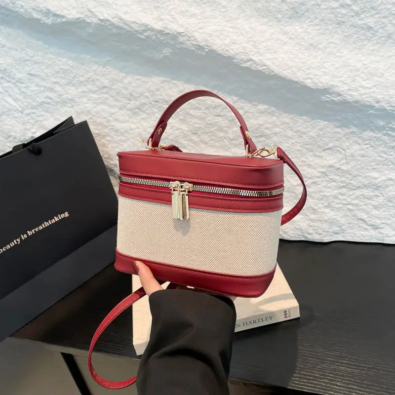 2025 New South Korea High-value Cylinder Bucket Bag Stitching Contrast Color Crossbody Bag Women's ins All-match Shoulder Bag luggage and leather goods