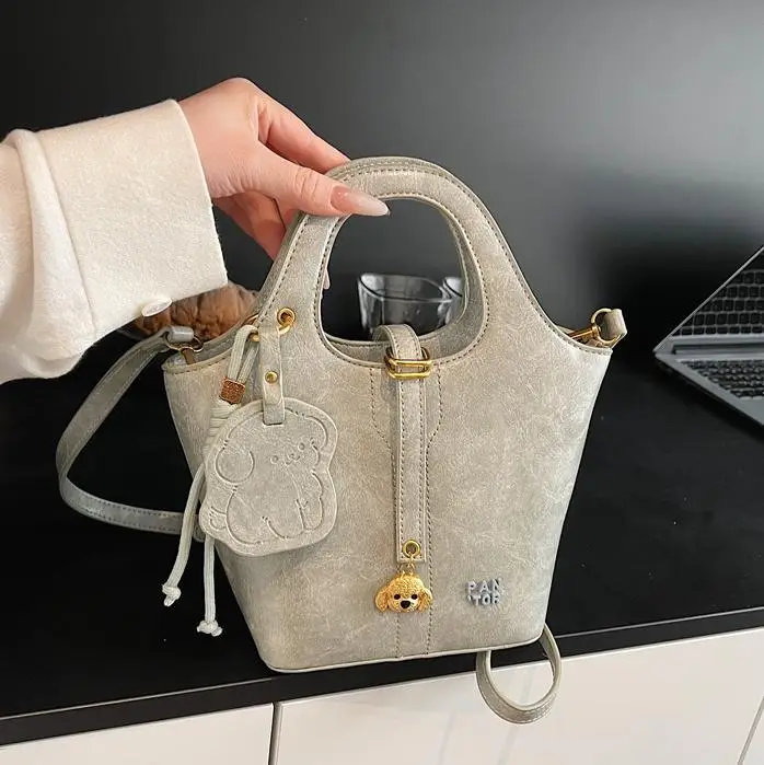 Women's Beige Crossbody Shoulder Bag with Bear Design