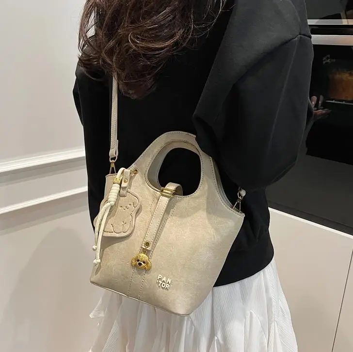 Women's Beige Crossbody Shoulder Bag with Bear Design