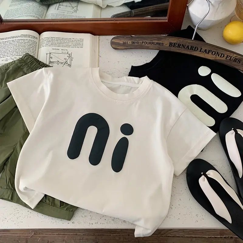 Boys T-shirt White Black Logo 2025 Summer Loose Fit - Image 2