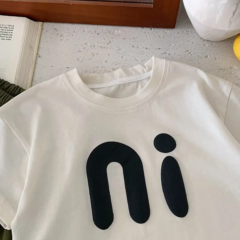 Boys T-shirt White Black Logo 2025 Summer Loose Fit - Image 3