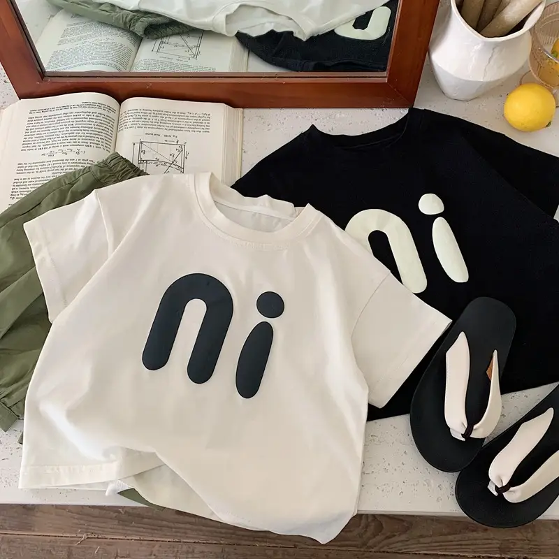 Boys T-shirt White Black Logo 2025 Summer Loose Fit — feature 3