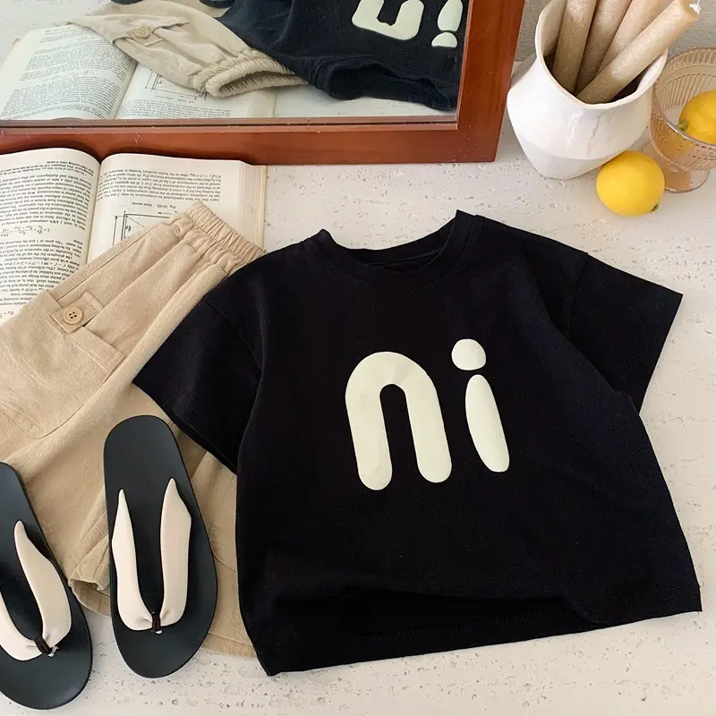 Boys T-shirt White Black Logo 2025 Summer Loose Fit — feature 4