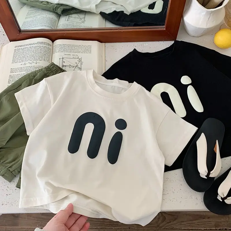 Boys T-shirt White Black Logo 2025 Summer Loose Fit — feature 7