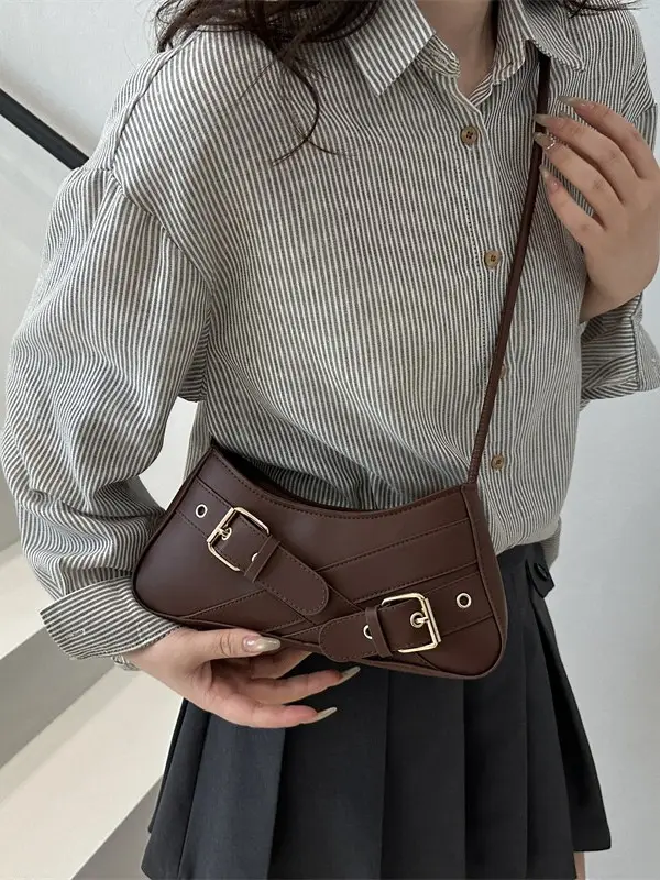 Brown Leather Shoulder Bag for Women with Gold Buckle - Image 9