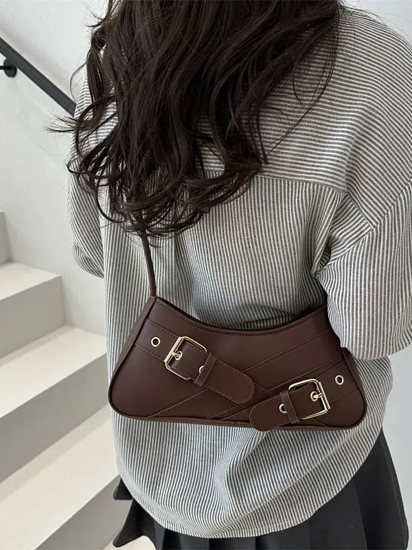 Brown Leather Shoulder Bag for Women with Gold Buckle - Image 10