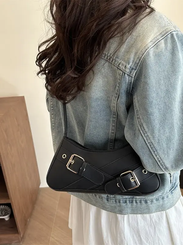 Brown Leather Shoulder Bag for Women with Gold Buckle - Image 11