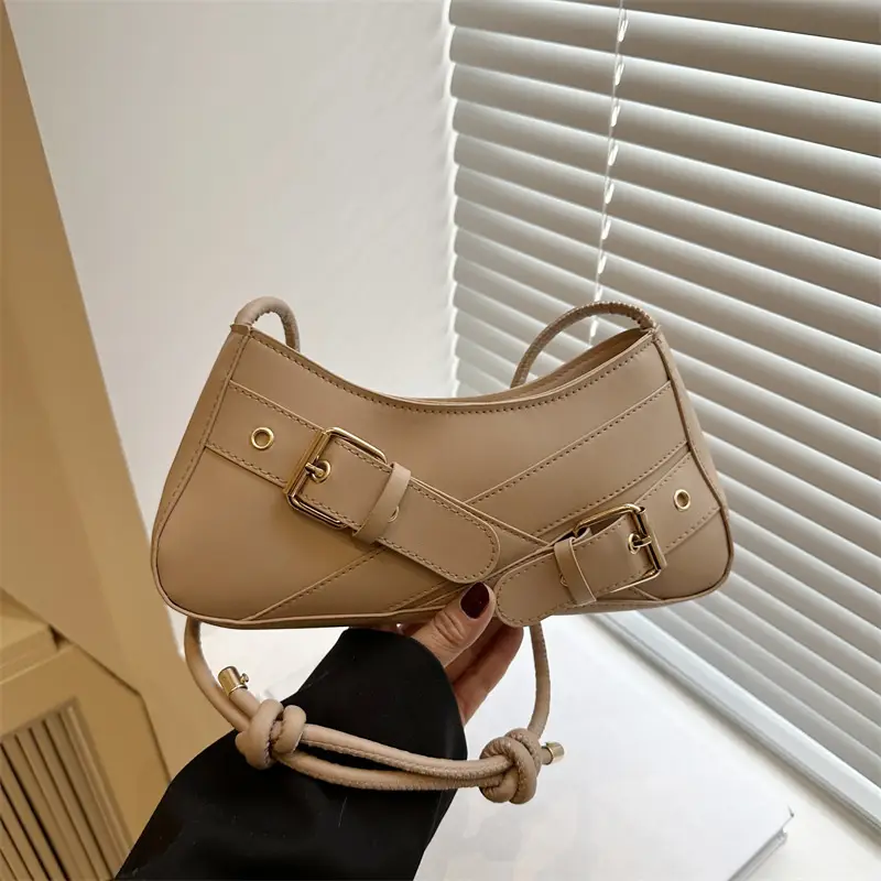 Brown Leather Shoulder Bag for Women with Gold Buckle - Image 4