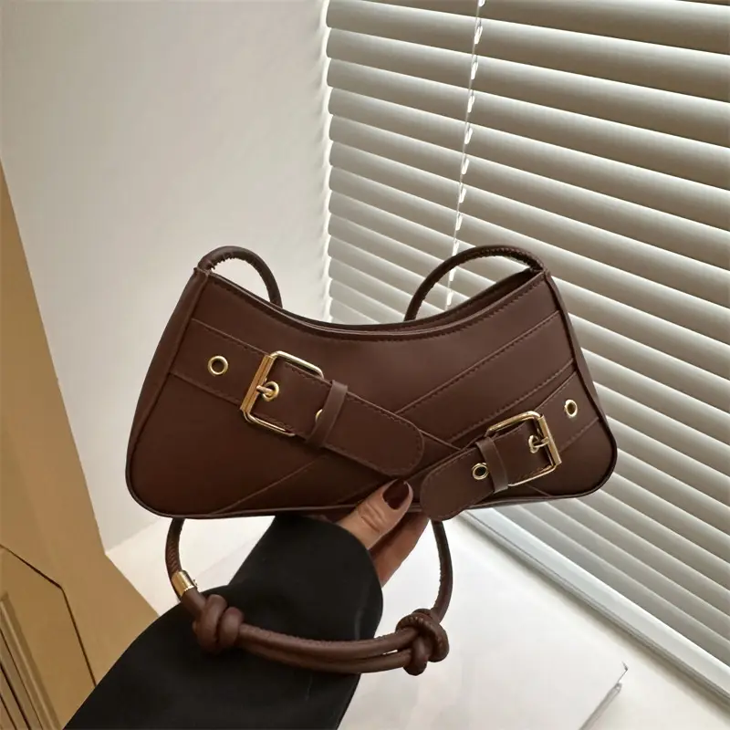 Brown Leather Shoulder Bag for Women with Gold Buckle - Image 6