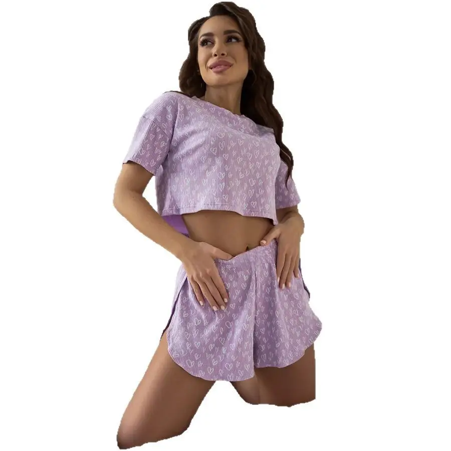 Women's Purple Crossbody Pajamas Short Sleeve Elastic Waist Shorts - Image 8