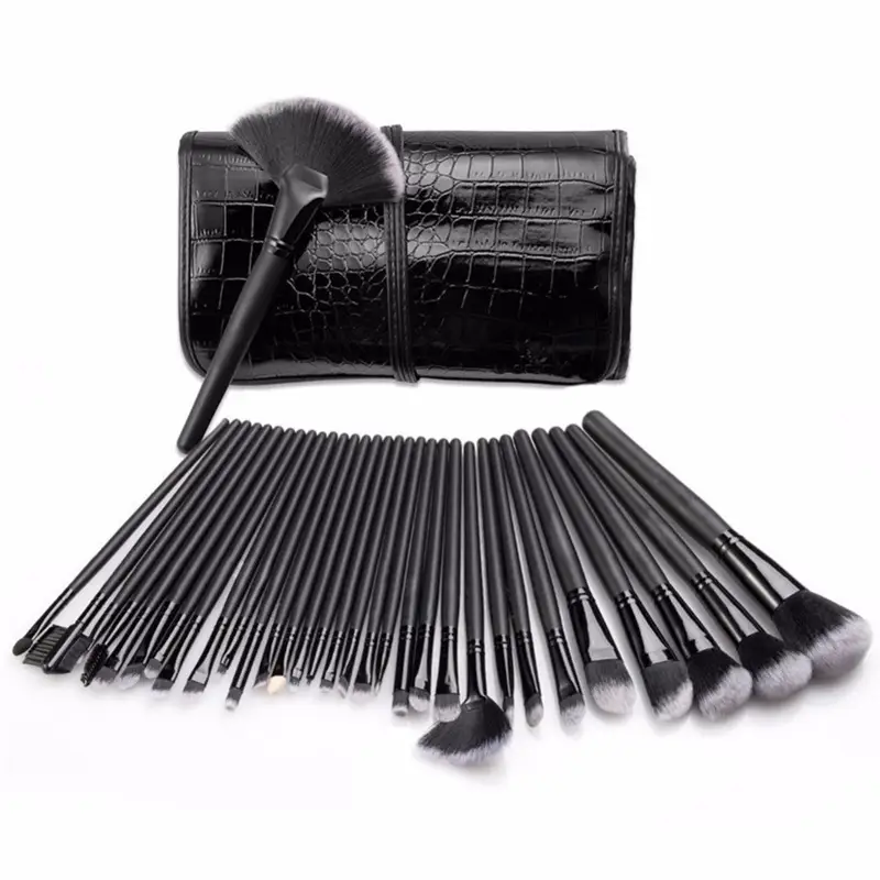 32 Black Crocodile Brush Set Wooden Handles Full Beauty Tools