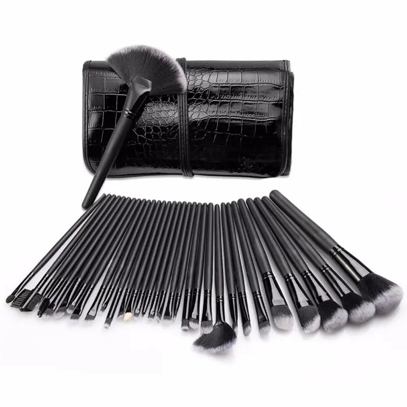 32 Black Crocodile Brush Set Wooden Handles Full Beauty Tools β feature 1