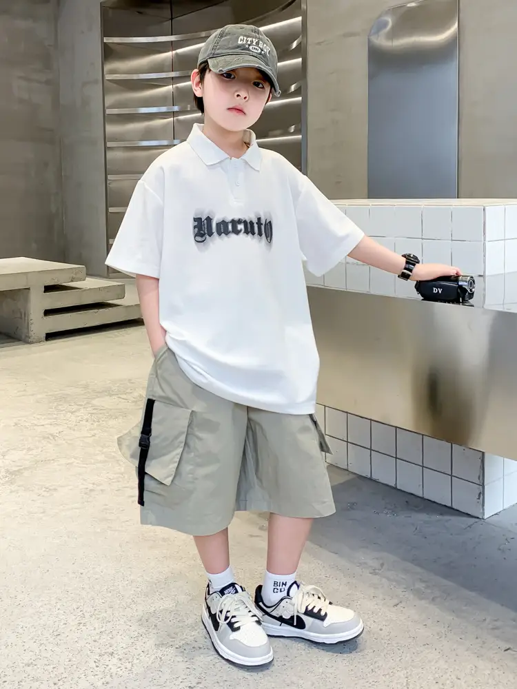 Summer Boys Polo Shirt White Cargo Shorts Set - Image 7