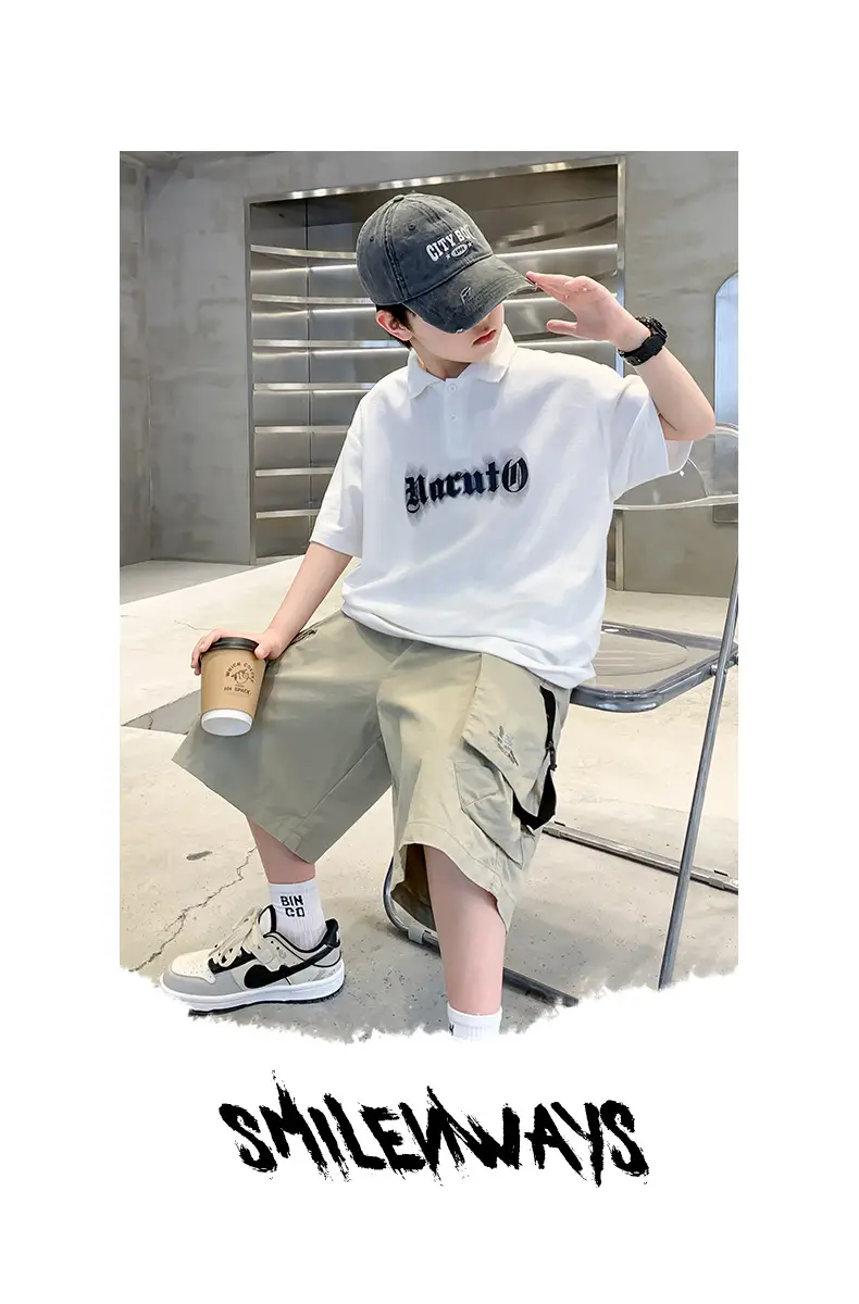 Summer Boys Polo Shirt White Cargo Shorts Set — feature 14