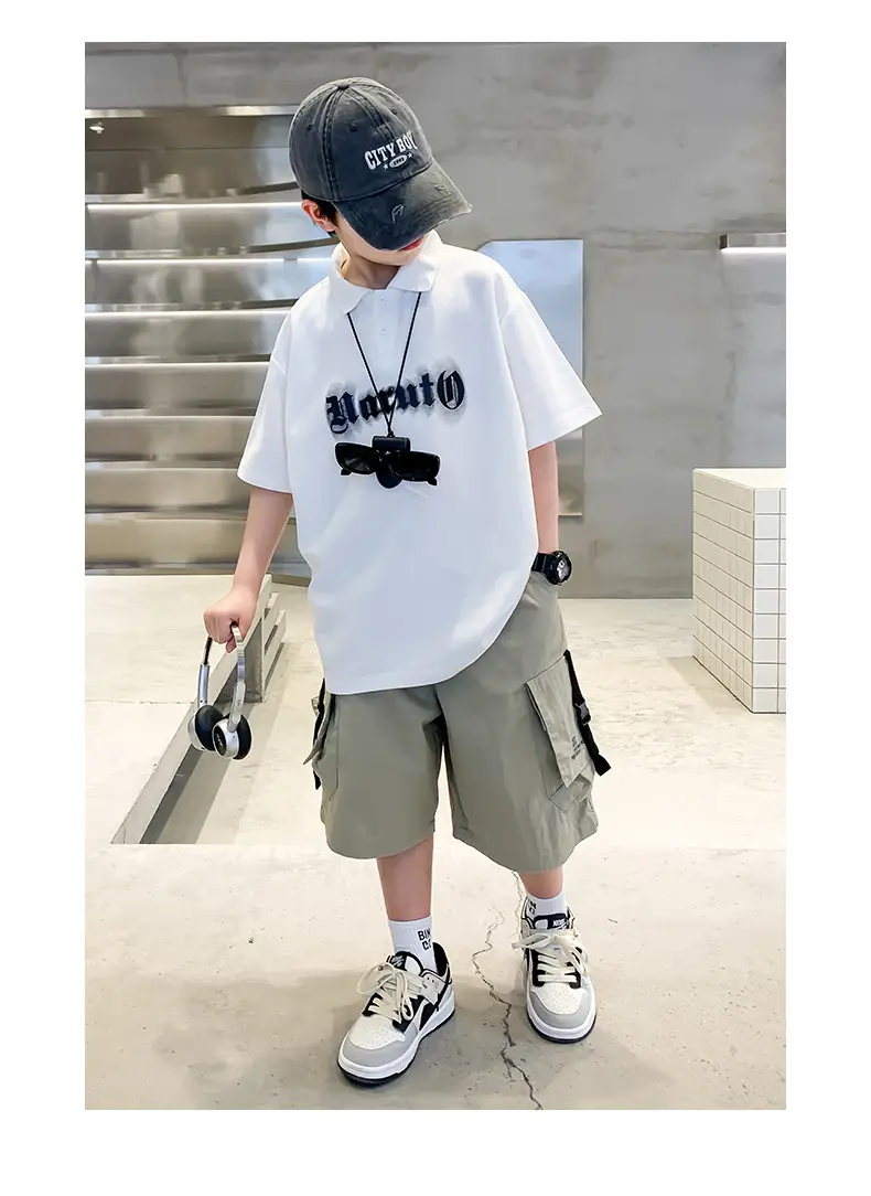 Summer Boys Polo Shirt White Cargo Shorts Set — feature 17