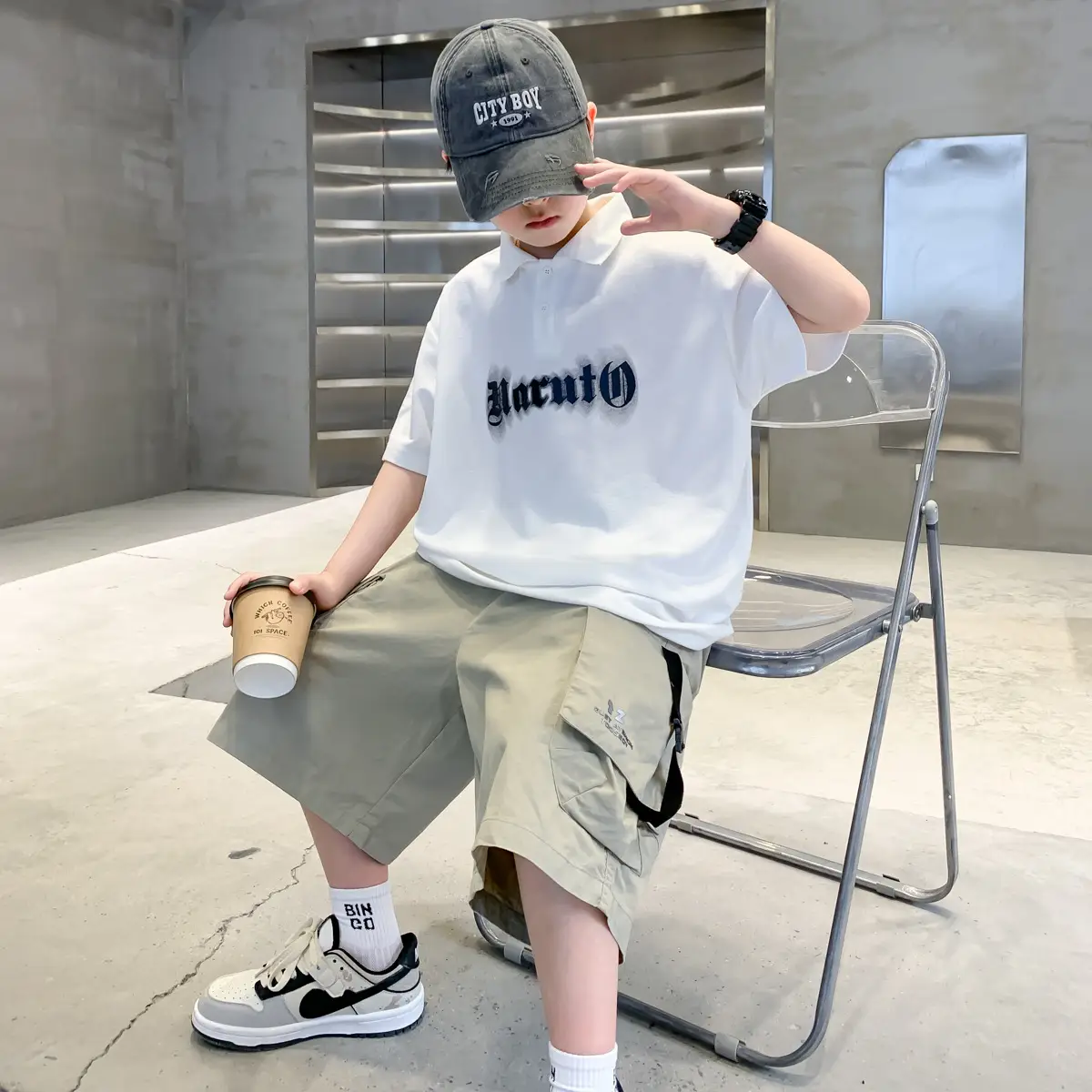 Summer Boys Polo Shirt White Cargo Shorts Set — feature 2