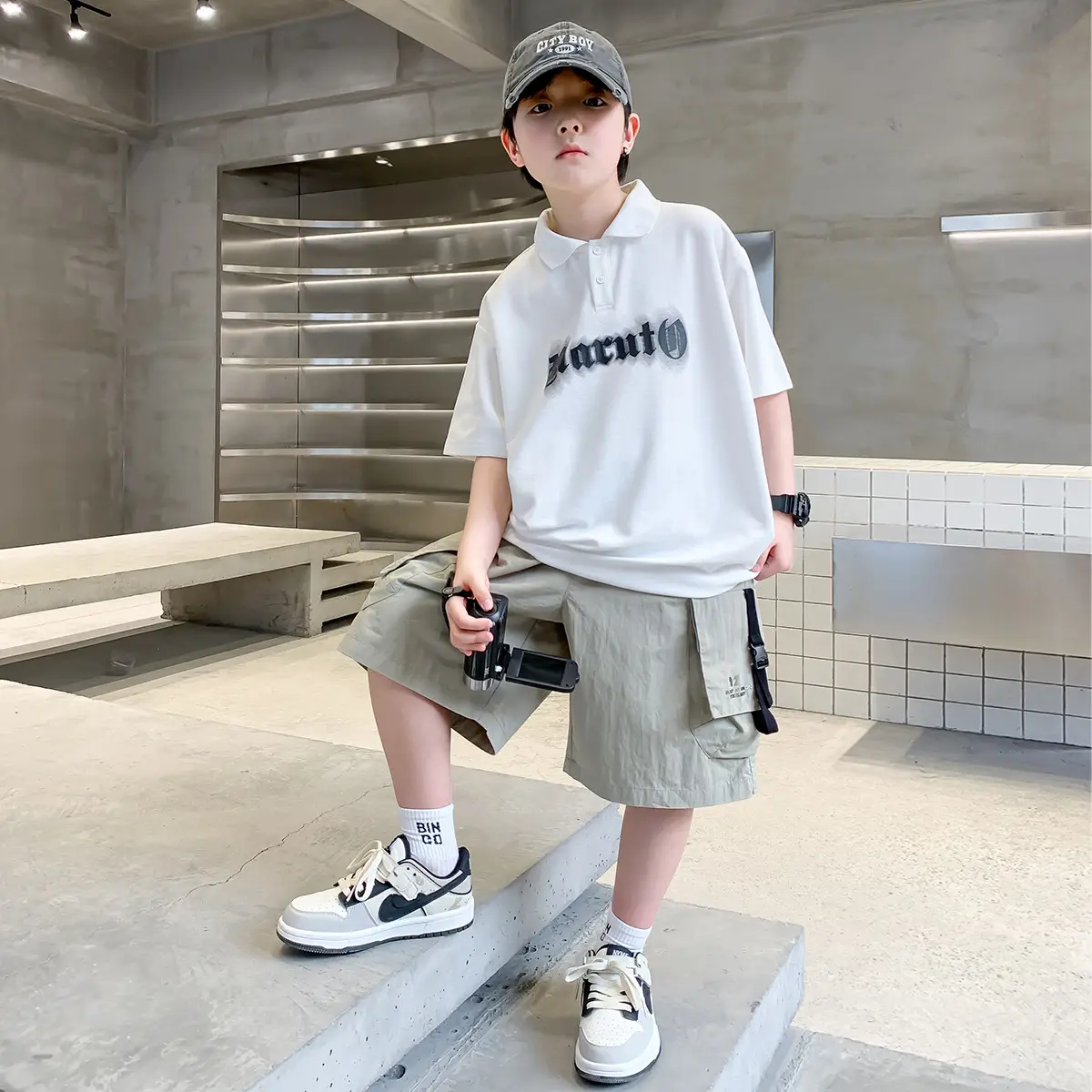 Summer Boys Polo Shirt White Cargo Shorts Set — feature 5