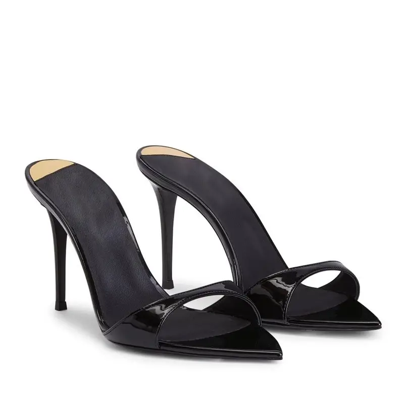 Niche 2026 Summer Pointed-Toe High-Heeled Shoes with Thin Straps and Half-Mules for Women, Patent Leather, Black, Versatile, Simple Sandals - Image 2