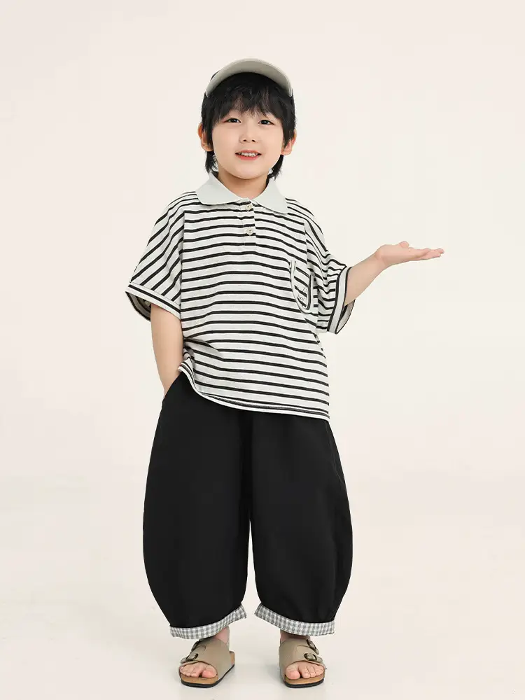 Boys Striped T-Shirt Batwing Cap Summer Wear - Image 3