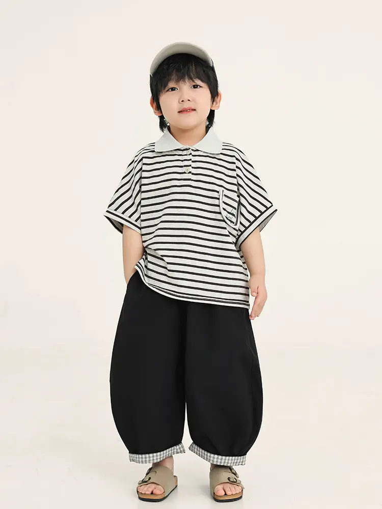 Boys Striped T-Shirt Batwing Cap Summer Wear - Image 4